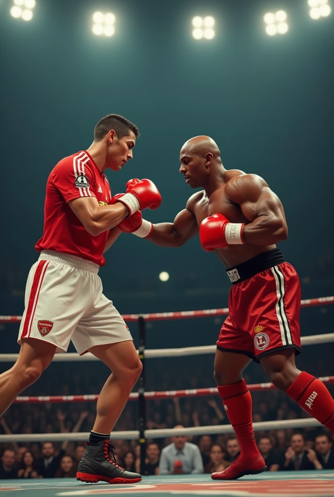 (Extreme complexity, two subjects fighting) (subject 1: Emma Watson, age 14, cute Olympic boxing outfit, in a boxing stance.) She is in the boxing ring facing (Subject 2: Mike Tyson (age 30, in his muscular prime, scary tattoos, fighting stance))
