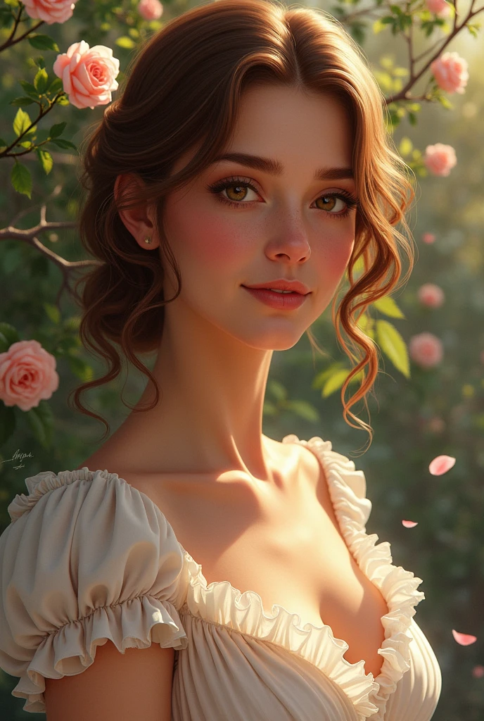 This is realistic fantasy artwork set in the castle's enchanted rose garden. Generate a proud woman with a highly detailed face dressed in the billowing folds of a stunning French silk ballgown. The woman's sweet face is ((((highly detailed, with realistic features and soft, puffy lips.)))) The ballgown is embellished with ruffles, sashes, and bows and a delicately, but intricately, hand-embroidered bodice. The corset features silk ribbon. The woman's stunning eyes are beautifully detailed, featuring realistic shading and multiple colors and high resolution. The woman is in a garden of eternal roses, each one beautifully formed and highly detailed. These realistic roses feature shimmering shades of pink, yellow, orange, and glimmering red. The eternal rose is a deep shade of red with shimmering pink overtones and undertones. Ensure that the woman's face, hair, and eyes are perfect. realism, high fantasy, whimsical fantasy, storybook fantasy, fairytale fantasy, fantasy details, enchanting, bewitching, 8k, hires, cgi, digital painting, unity, unreal engine, (((masterpiece))), intricate, elegant, highly detailed, majestic, digital photography, art by artgerm and ruan jia and greg rutkowski, (masterpiece, finely detailed beautiful eyes: 1.2), hdr, realistic skin texture, (((1woman))), (((solo))), Include a highly detailed face, extremely detailed face, and interesting background.