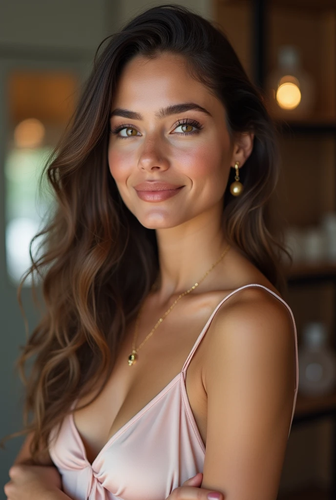 1 girl looking directly to camera, fun, in distance, very pretty, 23 years old, tanned, long curly hair, pink hair, dark brown eyes, fluffy eyebrows, lips, realistic, far away, hyper realistic, detailed skin, realistic eyes, best quality, masterpiece, ultra high res, (photorealistic:1.3), 8K, raw photo, 1girl, natural skin texture, wearing elegant dress, New York , in luxury restaurants, natural skin texture, dynamic pose, breasts, big butt, curvy body, cleavage , top model, film grain,long dark brawn hair, full body