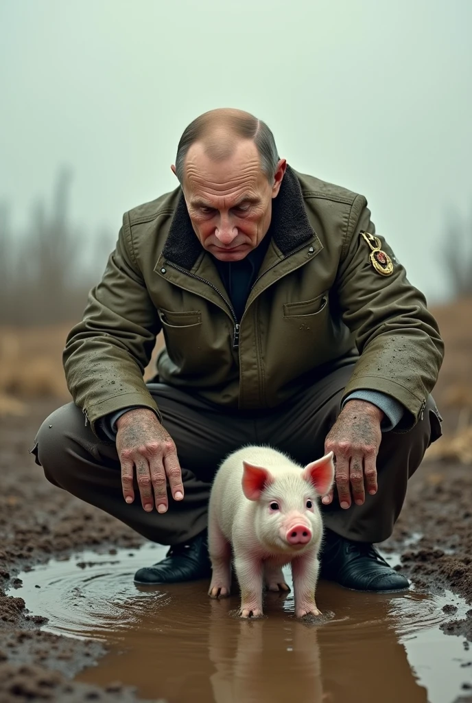 military uniform, pig in hands:1.2, hugs pig, ((prigozhin face:1.4, bald, prigozhin:1.2, 1man)),  <lora:prigozhin:0.8>