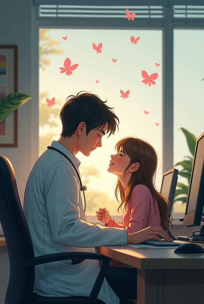 In a small office, a young boy wearing glasses, a red shirt, and black pants. Sitting in front of wall corner desktop system,. Besides him Long yellow colour dress girl, she is his colleague. She secretly loveing him, she is doing office work and also she seeing him with lot of love