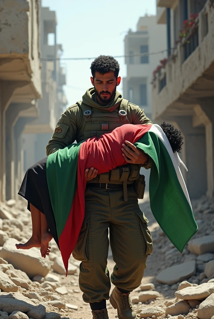 Depicts a child kissing the hand of a male Islamic fighter wearing a Palestinian flag face covering carrying a weapon in a collapsed building