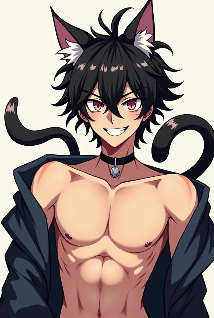 Muscular 2D anime illustration, Dark skin, Sexy man posing naked and working out his muscles while looking at the camera，ghost，Horns growing