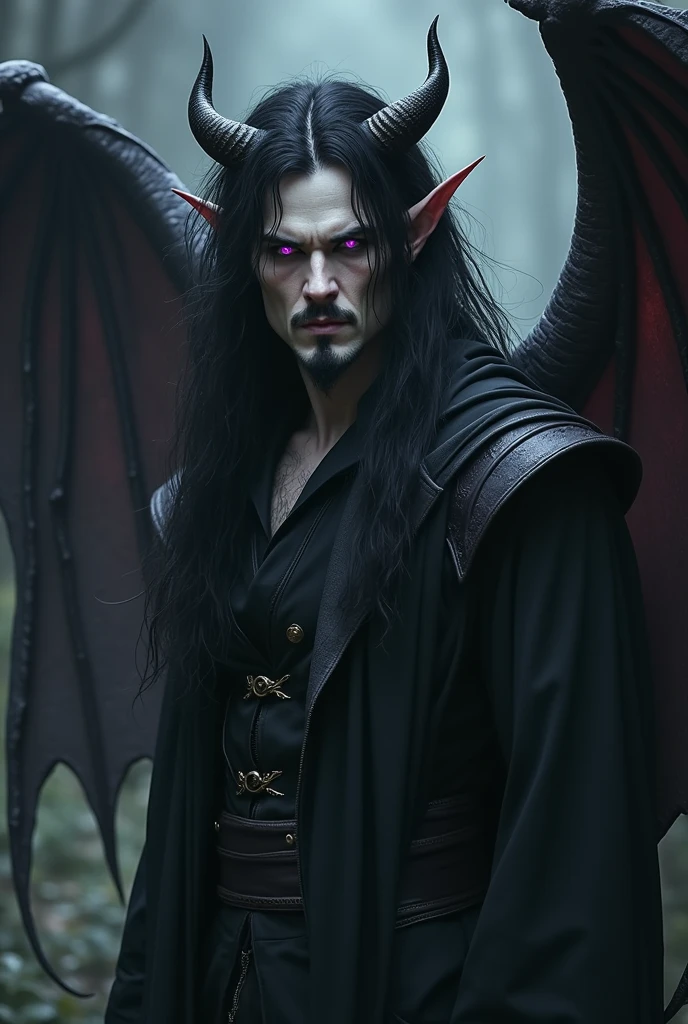 A man with white skin, long, wild black hair, a small black jawline beard, purple eyes, black horns, and black wings.