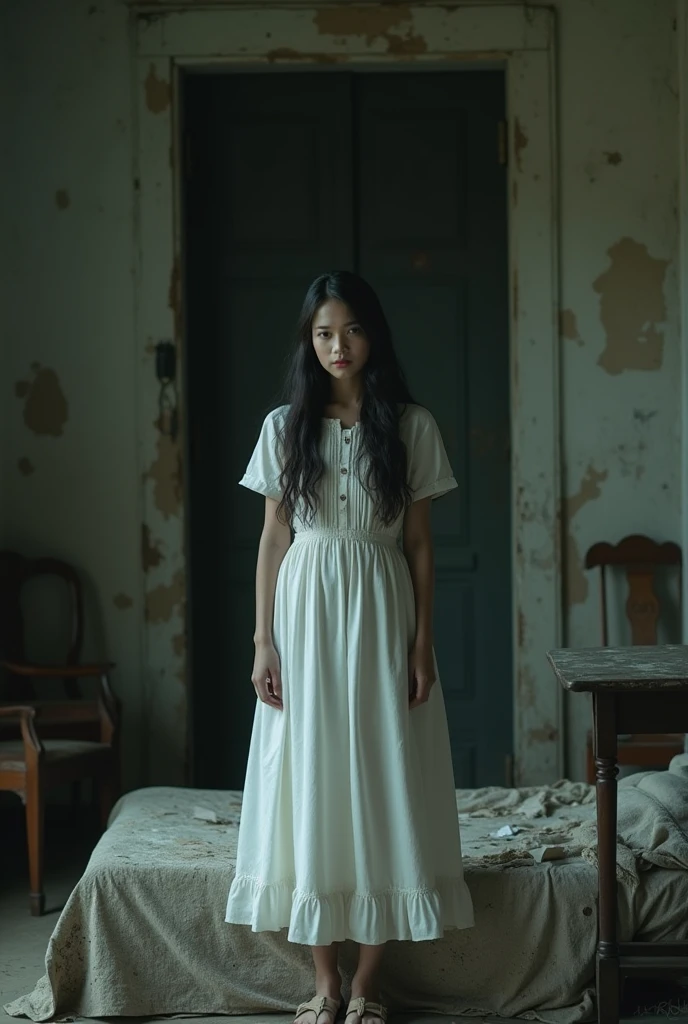 A young Indonesian male student, around 23  years old, stood frozen with fear in his dimly lit bedroom in an old Dutch colonial style house at night. In front of him there was a scary female ghost named Maria who appeared for the first time. Maria had long messy hair, a pale and gaunt face, sunken eyes, and wore a tattered vintage white dress. The scene is filled with eerie shadows, and Maria's menacing and terrifying presence, creating a very tense and frightening atmosphere. (masterpiece, 8K, super realistic, full body, one shoot, super details, super focus, mystic, mysterious)