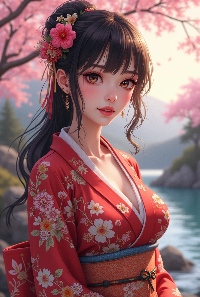 Konohanasakuyahime,Magatama Necklace,Long Hair,Black Hair,Beautiful face,older sister,A beautiful woman,cherry blossoms,Large Breasts
