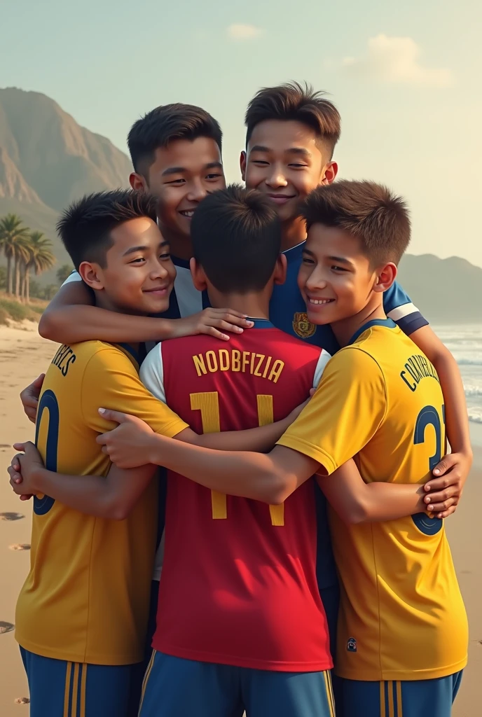 The coastal futsal team with the number 11 10 6 7 with the name of the 11 Mr. Kelvin the name of the 10 being Dom the name of the 6 being Andrei and the name of the 7 being Jorge puts me in goalkeeper with the name of Guto number 1 all together hugging with names shirt