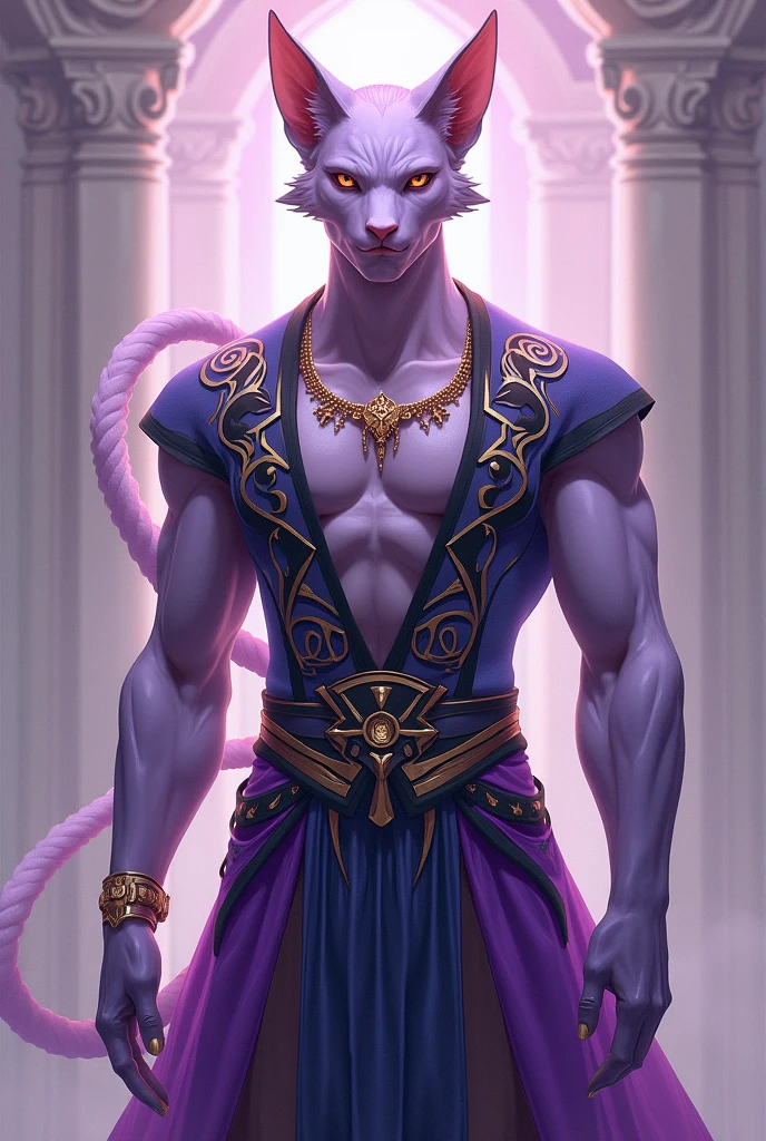 (by honovy, by personalami, by zackary911), male, siamese, solo, beerus, fur, muscular, topwear, clothed, bottomwear, night, akihabara, tokyo, street, neon lights, egyptian clothing,