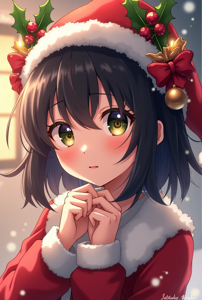 (Shiny navy hair),(Fluffy twin tails with curls:1.2),(Light pink eyes),(With bangs),Slight red tide,(cute smiling face:1.25),(lace-up santa costume:1.4),(Underwear that looks like strings all over the body:1.45),(place々clothes with lace:1.3),(Pin heel pumps),(A night when the moon shines beautifully),(Holy Night),(Snow is piled up),(Colorful and beautiful Christmas illuminations),(Gorgeous Christmas Tree),(🎄),(They're having a good time.:1.25),(A fluffy and fluffy cape is draped over his shoulders.),(lots of christmas presents:1.3),(close up of face:1.5),(Eye size:1.7),(Inside your eyes are shining like stars:1.65),(nsfw:1.3),