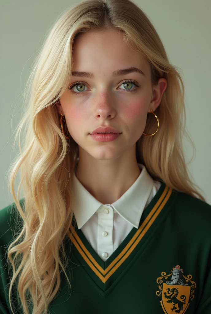 blond woman with long hair wearing green sweater and white collared shirt, a photorealistic painting inspired by Martin Schoeller, flickr, renaissance, a hyperrealistic , hyperrealistic , portrait of high school girl, similar to malfoy, teenage female , frown fashion model, hugh kretschmer, erwin olaf, realistic