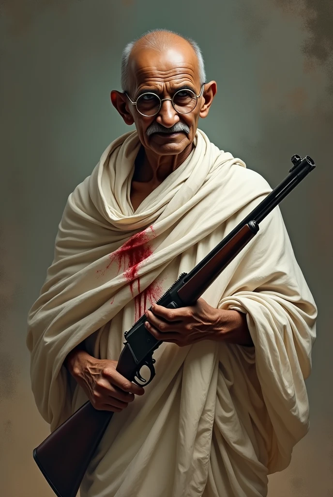 Mahatma Gandhi having pistol in hands with stylish pose, sketch