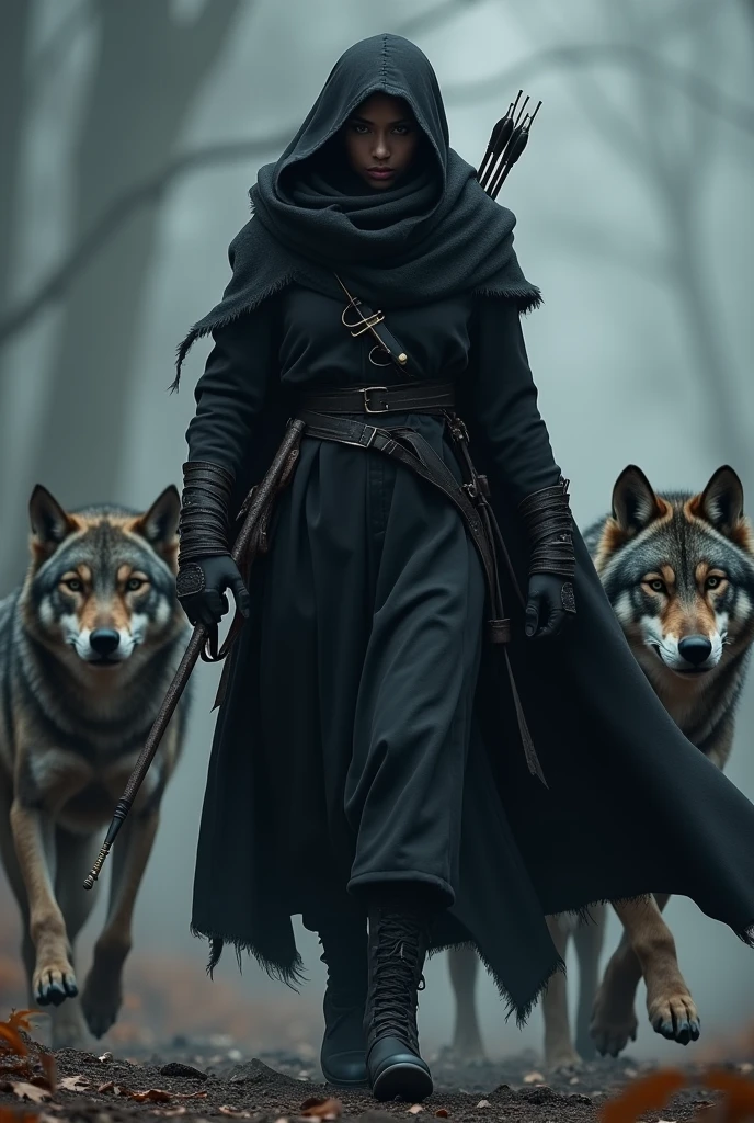 Woman wearing all black clock with hood, scarf pieces looped around her ...