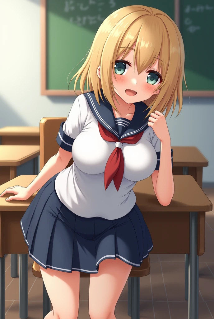 NSFW, wide angle, 1girl, lips, open mouth, ahegao, saliva, blush, makeup, light smile, provoking, POV, from below, sitting, pussy, pussy juice, school uniform, indoor, classroom, school bag, light rays, glow, thighs, collarbone, (masterpiece), wallpaper,