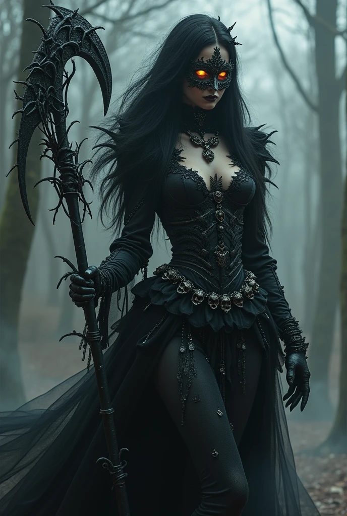 a semi demoniac woman creature with purple skin and long black wavy hair, black gothic style, highly detailed, (((matte black paint))), splash art, dripping, running across a bonfire of flesh and blood casting huge shadows, dark silhouette, mystery, skull, mist, fog, gothic, black skull, gothic style, highly detailed, intricate detail,