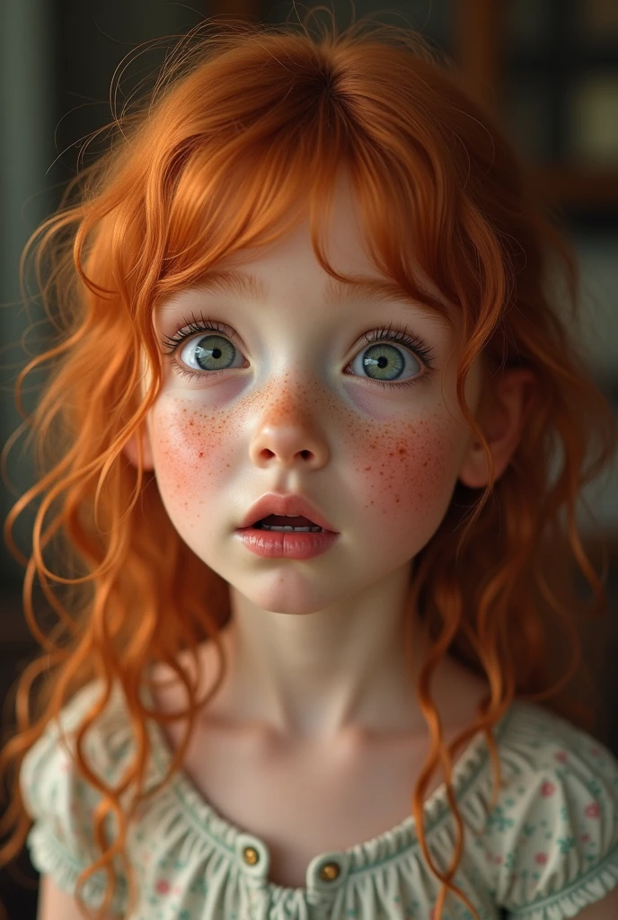 A boy with light red hair, almost white, with darker highlights that contrast with the skin. The greenish eyes, with an intense shine that varies between light green and grayish blue, depending on the light. The pinkish white skin, with freckles that spread across her face and shoulders, as if they were drops of sun. with a penetrating gaze. And clothes that you prefer light and flowing clothes, like white linen or pastel shades