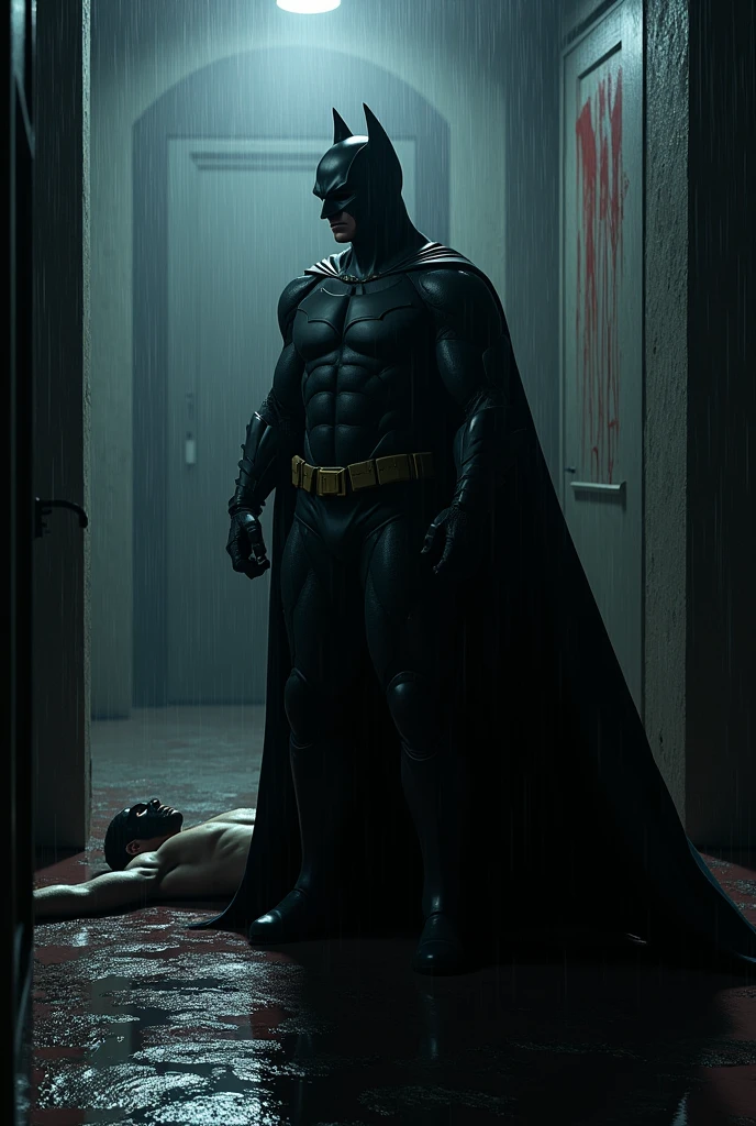 obra-antes, realista, altamente detalhado, estilo modelshoot ((post-apocalipse)) Ben Affleck's Batman faces the terrible Dracula who is sucking the citizens of Gotham to form new vampires for a battle against the human race, a lot of blood on the floor, corpo inteiro magro intrincado, escuro, chovendo, intrincado arruinado rua da cidade