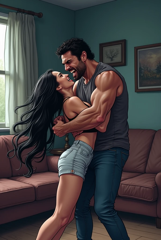 1 man 1 girl ;Sexy Manga comic sensual brunette girl blue eyes wet white t-shirt v-neckline, black latex skirt and high heels boots she is squeezing a man in his groin(nsfw)(bigboob)(highly detailed) (concept art) (manga) (anime) (draw) (face anime detailed) (comics)(ballbusting)(wet t-shirt) (wet girl) (nipples)