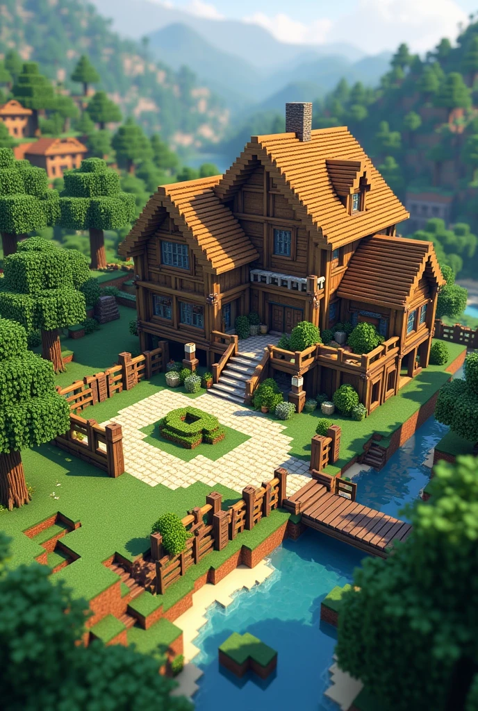 Create an image for a medium-sized Minecraft base for living that is aesthetic with a village and that is more like the game