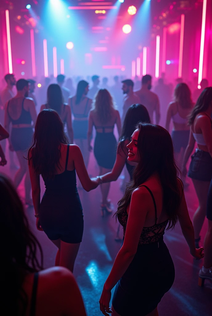 Four 20-year old y, hot Nigerian female prond four 30-year old young men dancing in a night club.