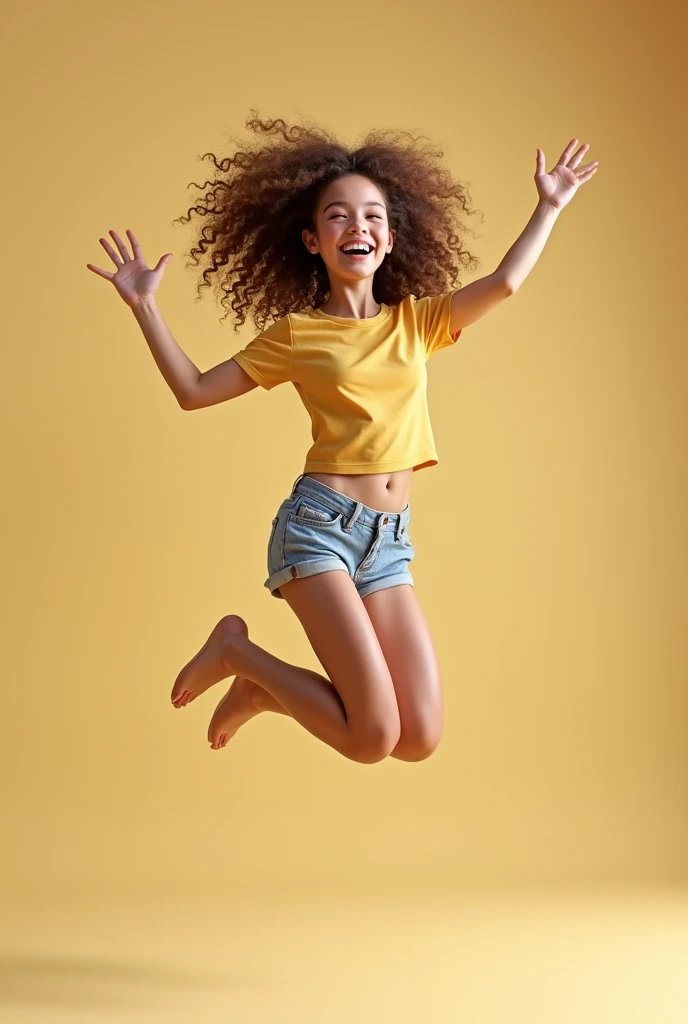 ((Ultra HD:1.2,super high quality:1.2,Photorealism:1.2,Ultra-high resolution,Large exposure、Ultra-fine,solo,Vibrant colors、No medical defects,Not medically excessive)),(Perfectly balanced body),Looking into the camera,(great joy),(Braided ponytail),(Light brown hair),(short hair),(camisole),(leather shorts),(race),Overhead Shot,(Jump),Raise your arms,Studio Lighting