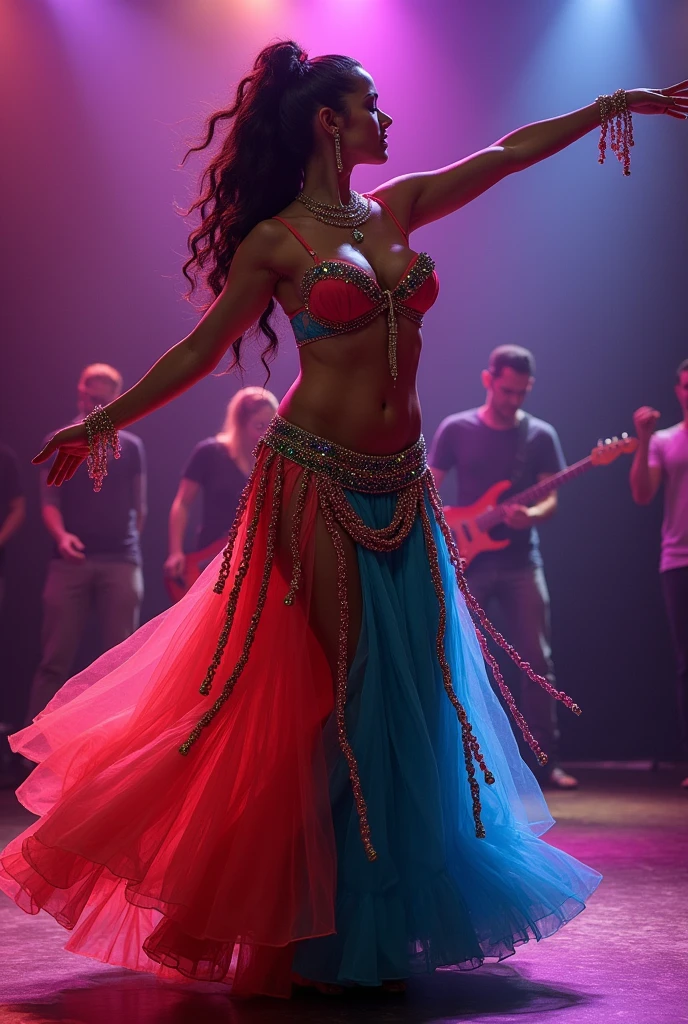 (prshltn)(best quality,4k,highres),belly dancer,detailed flowing sheer colorful silks,lovely woman,mesmerizing sensual dance,stage,USO show,vibrant colors,dynamic movement,expressive eyes,intricate jewelry,fascinating facial expression,long flowing hair,graceful gestures,energetic performance,enthralling atmosphere,upbeat music,enchanting atmosphere,resplendent costumes,engaging audience connection,electrifying presence,vivid visual spectacle,fluid body movements,endless elegance,flawless execution,passionate performance,transfixing mood,captivating aura,magical ambiance,heartwarming energy,beauty in motion,endless charms,exquisite choreography,spellbinding grace,seductive allure,hypnotic rhythm,mesmerizing grace,alluring stage presence,enchanted viewership,lively atmosphere,dreamlike ambiance,irresistible charisma,enthralling stage persona