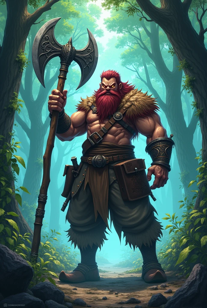 man, Viking, short stature, Age 60 years, strong, thick, big breasts, big belly, Red hair, big red beard, thick body hair, густые Red hair на груди, густые Red hair на животе, густые Red hair на лобке, густые Red hair на яйцах, tattoos on body, very shy, In the woods, birch trees, nature, in a man's skirt made of deer skins