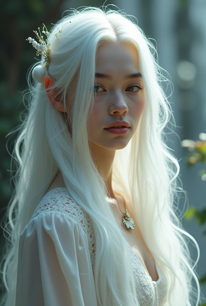 Create a 17 year old girl, with white skin, parts, eyes the color of honey, Curly white hair, she is an angel and dressed in white
