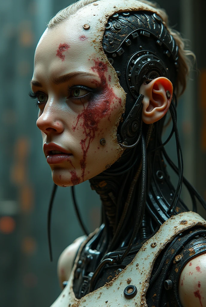 A stunningly beautiful woman with porcelain-like skin, sharp cheekbones, and piercing emerald green eyes, is positioned in a dramatic close-up shot, filling the frame, inside an abandoned, decrepit space station, with a backdrop of complex, metallic components, tangled wires, and rusted machinery, evoking a sense of desolation and neglect. The image isrendered in a striking cinematic style, reminiscent of Beksinski's dark, surreal masterpieces, with heavy influences from Methurlant's and Maciej Kuciara's dystopian visions, fused with Jama Jurabaev's vibrant, futuristic aesthetic, and a touch of Wojtek Fus's atmospheric, neon-lit ambiance. The atmosphere is tense, with an emphasis on high contrast, shallow depth of field, and a vignette that draws the viewer's attention to the subject's enigmatic gaze. The color palette is bold, with a focus on cinematic color grading, featuring warm, golden hues, deep blues, and flashes of neon pink, as if shot on Kodak Porta 400 and Cinestill 800 film, with a Leica M10 camera, yielding a distinct, filmic quality.A stunningly beautiful woman with porcelain-like skin, sharp cheekbones, and piercing emerald green eyes, is positioned in a dramatic close-up shot, filling the frame, inside an abandoned, decrepit space station, with a backdrop of complex, metallic components, tangled wires, and rusted machinery, evoking a sense of desolation and neglect. The image isrendered in a striking cinematic style, reminiscent of Beksinski's dark, surreal masterpieces, with heavy influences from Methurlant's and Maciej Kuciara's dystopian visions, fused with Jama Jurabaev's vibrant, futuristic aesthetic, and a touch of Wojtek Fus's atmospheric, neon-lit ambiance. The atmosphere is tense, with an emphasis on high contrast, shallow depth of field, and a vignette that draws the viewer's attention to the subject's enigmatic gaze. The color palette is bold, with a focus on cinematic color grading, featuring warm, golden hues, deep blues, and flashes of
