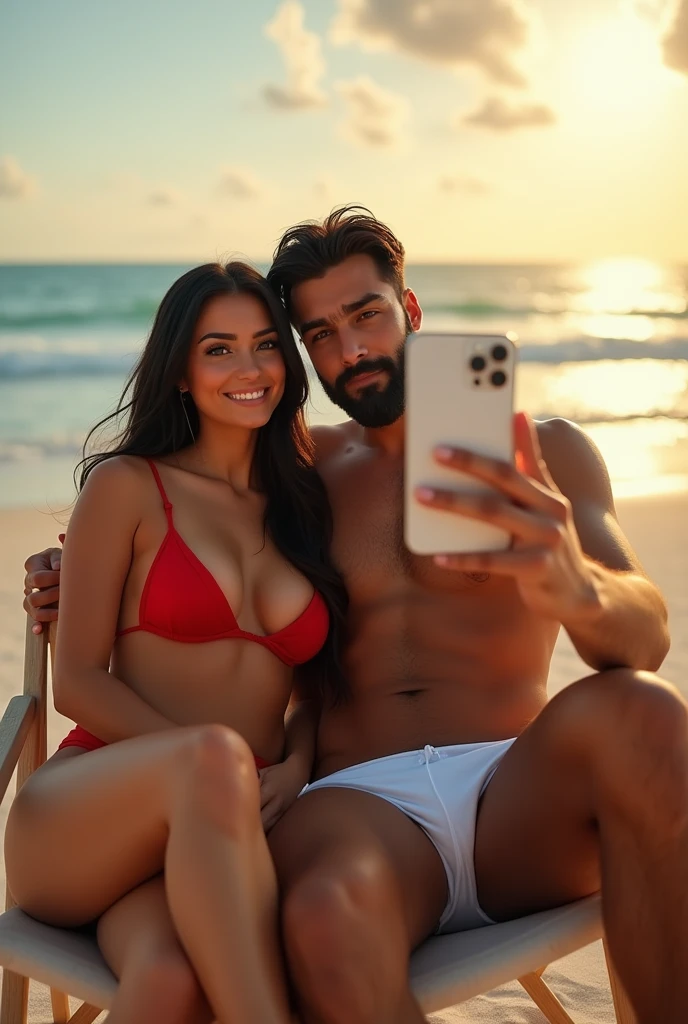 Tattooed man with left arm sitting on bed taking picture of himself in mirror with long black haired woman on top of man sitting looking back