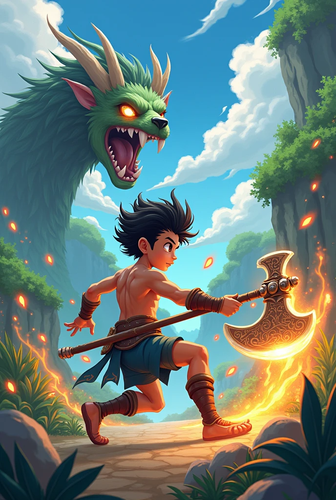 Create an anime style drawing of a young Indian holding an axe with lightning bolts and a large frog by his side