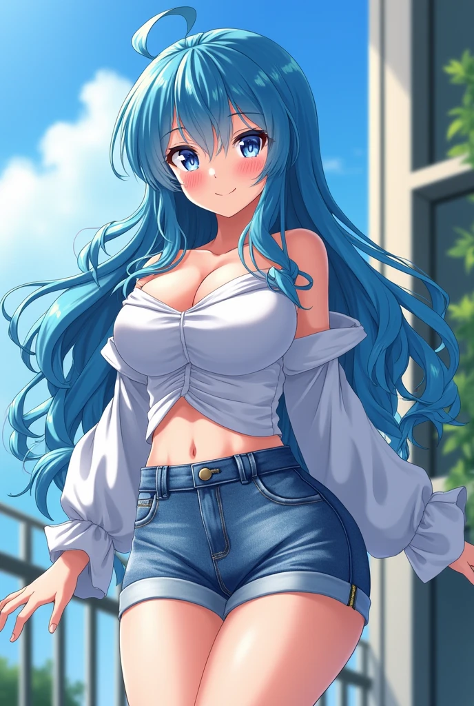 masterpiece,Ultra-high resolution、Highest quality、Sexy pose、Light blue hair、Long Hair:1.2, Pink eyes, smile、Tilt your head、Big earrings:1.5,、Model walking、Small breasts、the body is slim、Tight waist、Spread your legs,Cowboy Shot、Orange off-the-shoulder bikini top with ruffle trim、Turquoise and lime green tartan mini bikini skirt、A glimpse of her plain yellow panties、thighhighs、Underwear Focus