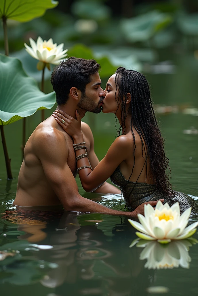 heterosexual couple of heterosexual Thai agers aged 9 (the same height), with dark skin, slender and naked, barefoot and hugging and kissing each other on the mouth. face to face in a tropical fern forest and stepping through thin grass and a stream in the background. Emphasize Thai heterosexual couple. It must be a boy with a penis and a girl with a vagina. the girl should be hugging the boy tightly and the girl should have her arms around the boy's shoulders. the girl must have her belly against the boy's belly, the girl must have her legs against the boy's legs and they must face each other. They must be barefoot and in a tropical fern forest and stepping on thin grass and a stream in the background. They must appear in full body in the image and be seen from a distance. Show the entire couple from head to toe completely naked.