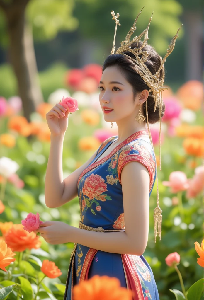 Thai tradition dress, detail dress, Royal Thai Headpiece with delicate garlands hanging from it, standing amidst a vibrant royal flower garden with blooming Thai flowers in vivid colors. She gently holds a flower in her hand, her dress adorned with intricate floral patterns matching the garden’s beauty. The sunlight enhances her gentle expression, creating a serene, picturesque scene of traditional elegance