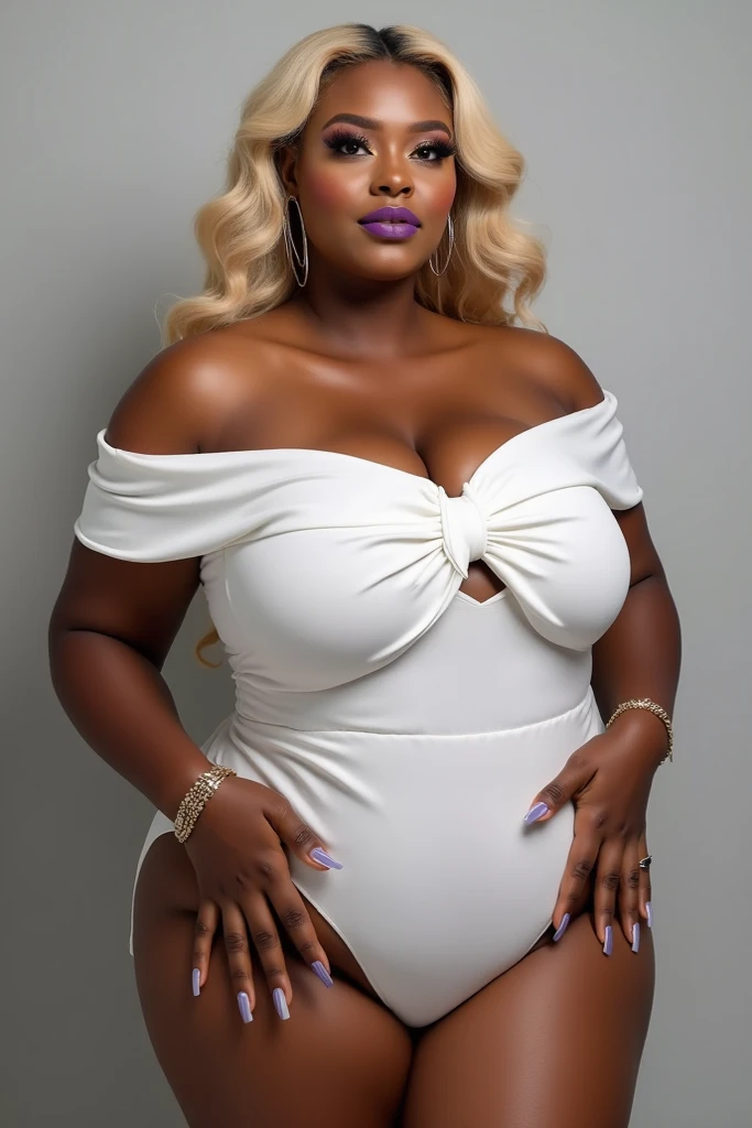 chubby elegant black woman, woman wearing white suit and miniskirt, , white top, smile, smile, smile 100%,2 4 year old female model, blonde,Short cut mid body shot, casual pose, violet myers, Wearing a top and black pantyhose, wearing a white T-shirt, instagram template
