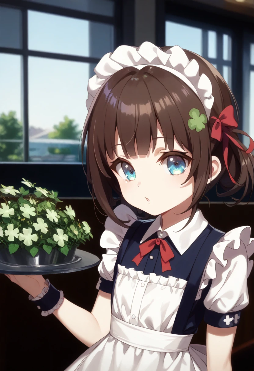 (  surreal), (8k), (  very detailed), (   best illustration  ), Cafe。   maid clothes。. flat chested。。  shorthair 。 review。  big red ribbon barrette。 four-leaf clover on clothes  。adult。Brown Hair。