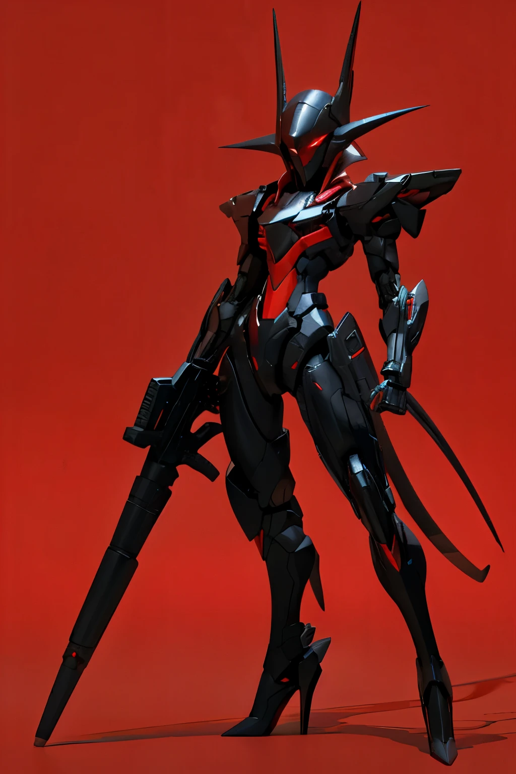  illustration style,1 black android,Mecha,mechanical, pointed ears,tail,black slender ,Tall head,mask, high heels,The lens of the eye emits red light,stand,Show the whole body,Has a gun that emits red light, No Emotion,sci-fi background