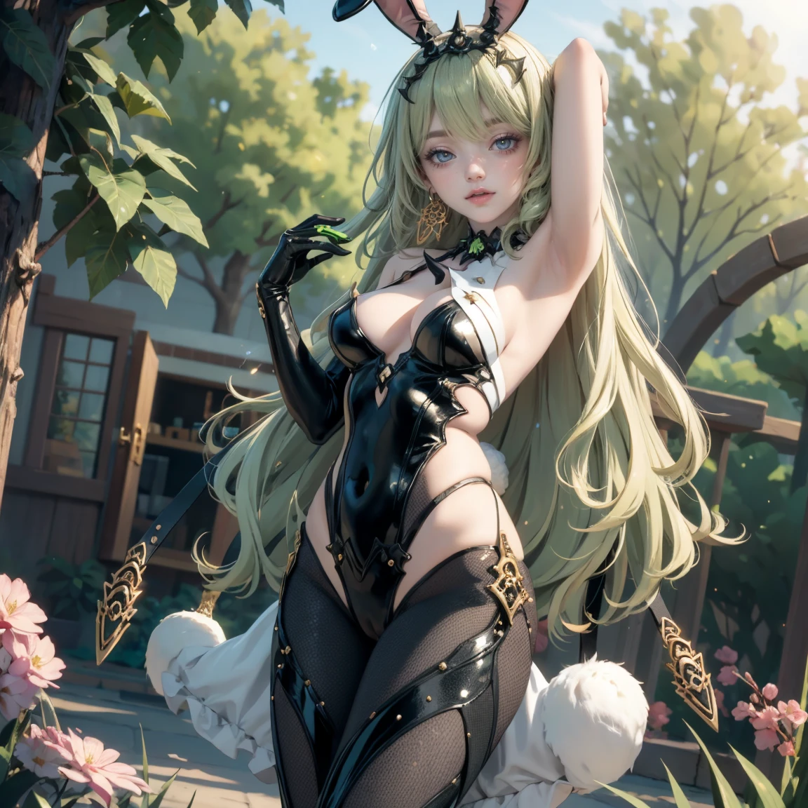 1girl, dress, jewelry, glow hair, flowing hair, ahoge, armpits, two black rabbit ears, rabbit tail, Bunny girl, Cute face, Very fine clean face, solo, Top quality, Big eyes, green Hair, long hair, Crimson Eye, Subtle light, Natural light,Soft lighting,Light from directly behind, Cute pose, garden scenery, Showing the whole body, Front view, playboy bunny girl, bunny girl costume Beautiful Eyes, Plump and glossy lips, playboy bunny girl costume with too many frills, black dress, black laces, black Short skirt, Drape clothes, gold gem, frills, luxury details, gold jewelry, more details, best quality, Big sparkling eyes, blushing, sparkle, solo, centered girl, cowboy shot, asymmetrical gloves