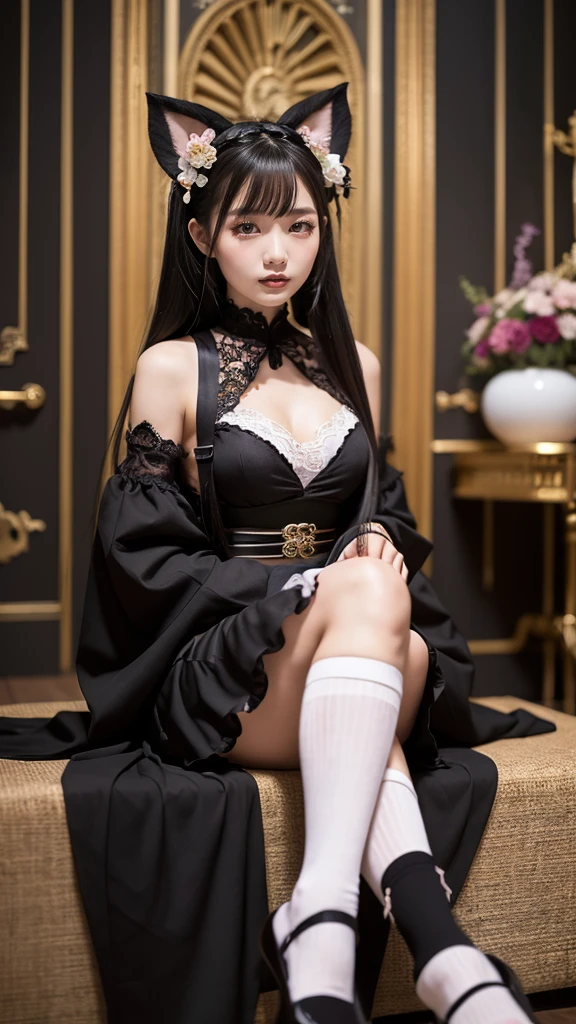 portrait of YA, (raw photo:1.2), small breast, collar bone, sexy, seductive, unparalleled masterpiece, ultra realistic 8k CG, perfect artwork, ((perfect female figure)), black hair, red eyes, mature female, milf, arms behind head, narrow waist, chinese deity, looking at viewer, seductive posture, sexy pose, alluring, clean, beautiful face, pure face, pale skin, absurdly long hair, (small breasts), shiny skin, skindentation, lace, lace trim, lace-trimmed legwear, delicate pattern, intricate detail, prestige, gorgeous, luxury, royal palace, jewelry, gem, solo girl, small breast, spatial saggy, small chest, choker,