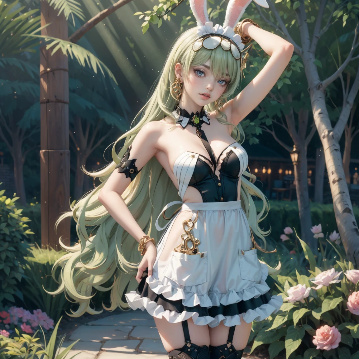 1girl, dress, jewelry, glow hair, flowing hair, ahoge, armpits, two black rabbit ears, rabbit tail, Bunny girl, Cute face, Very fine clean face, solo, Top quality, Big eyes, Green Hair, long hair, Crimson Eye, Subtle light, Natural light,Soft lighting,Light from directly behind, Cute pose, garden scenery, Showing the whole body, Front view, bunny girl, bunny girl costume Beautiful Eyes, Plump and glossy lips, playboy bunny girl costume with too many frills, white apron, maid apron, maid headdress, black laces, black Short skirt, Drape clothes, gold gem, frills, luxury details, gold jewelry, more details, best quality, Big sparkling eyes, blushing, sparkle, solo, centered girl, cowboy shot, asymmetrical gloves