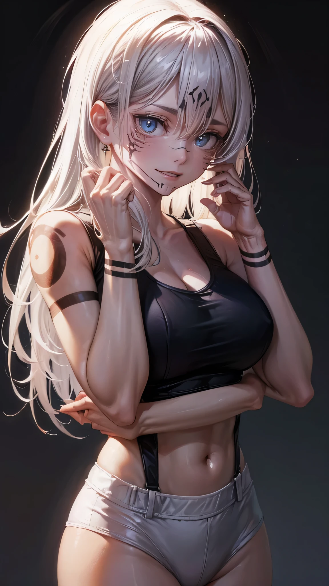 (masterpiece, best quality:1.2), upper body, solo, 1girl, sukuna tattoo, evil grin, looking at viewer, hand on own face, long hair, white hair, blue eyes, extra eyes, v-shaped eyebrows, nudity, thin white strap tank top, blood stain on tank top, long tank top hydrated lips, , dark lighting, caustics , big breast, healthy body,