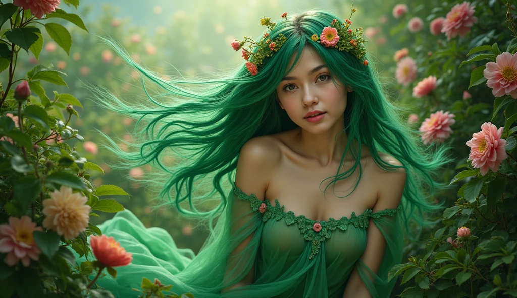 (beautiful: 1.6 + beautiful: 1.3),((very detailed: 1.3)),(eyes: green, green hair),, 1 girl, just one girl, beautiful, bright colors, sunset sunlight, forest background with many faded trees, background with many red flowers blurred, warm light:1.0, well-made eyes, pretty eyes, pretty face, on green grass, very detailed eyes, from afar, very colorful and detailed background, loose hairs, bright eyes, black pupil, green eyebrows, tender pose, blushing, blushing, hairs on the face, wind, standing, pink lips, messy hair, shoulder height hair, dynamic, sunset, sunset sunlight, vivid colors, Bokeh effect, messy hair, wavy hair, many flowers on the edges, flowers behind her, light lines, many flowers, flowers on the shore, adult, front facing
