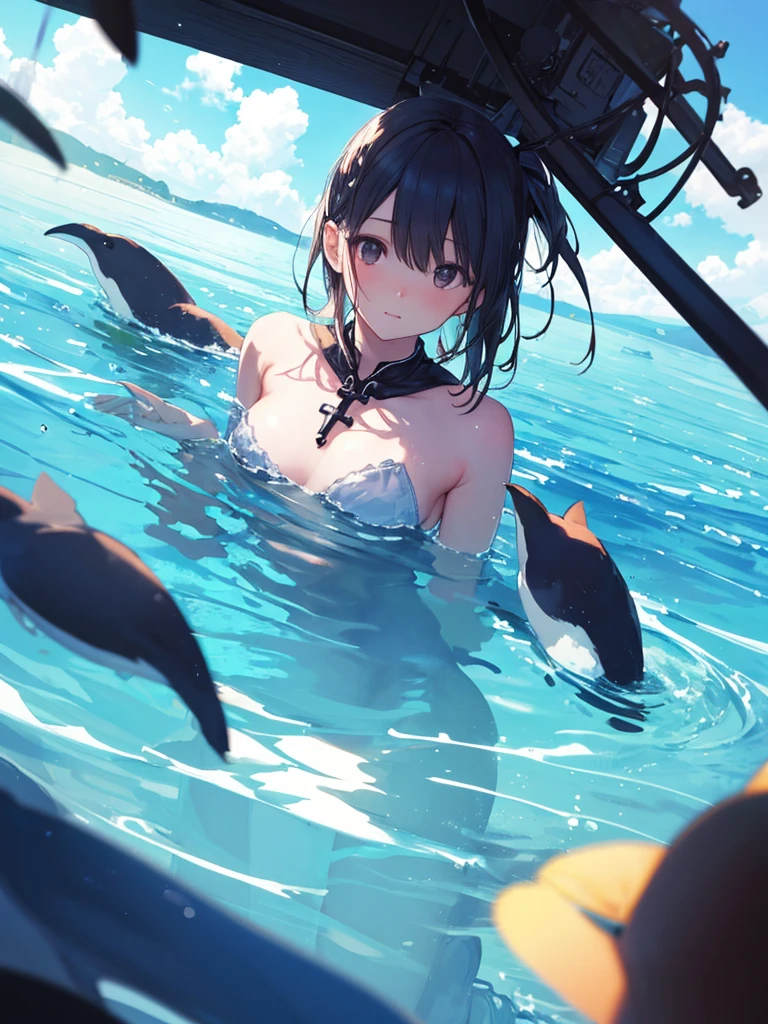 Highest quality, 8k, I 、Fluffy long hair、Black Hair、Swimwear、My whole body is wet、topless、Nippleid-chest、smile、((Swimming in the sea)),