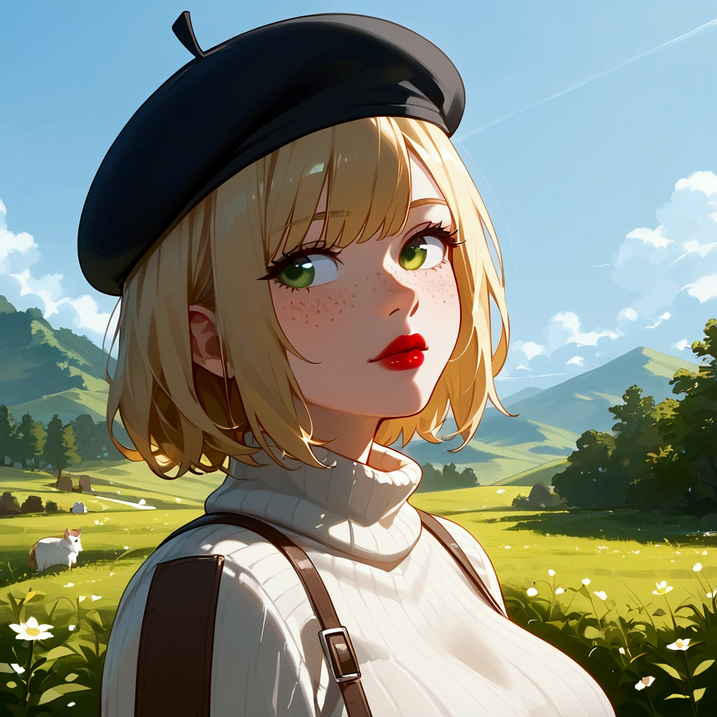 An effeminate boy with freckles on his face , green eyes, red lips and short split black and blonde hair, wearing a white sweater with beige and white French beret . The boy is looking to the side , admiring the horizon . Scenery in green colors Nature .