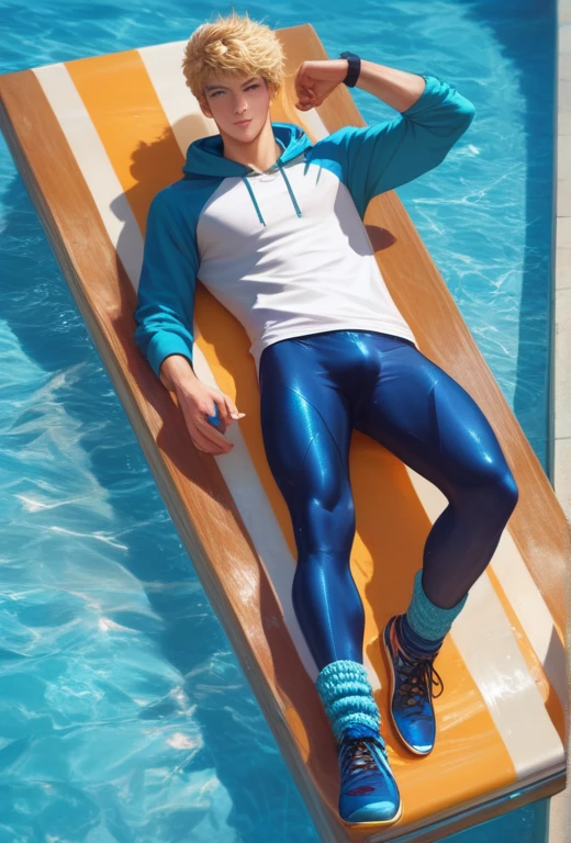 score_9, score_8_up, score_7_up, A hyper realistic ultra detailed photo of handsome man, fancy hair ,  golden blonde  hair, ultrarealistic, cute,  skinny toned body, perfect eyes , looking at viewer, amusement  ,  laying on back  ,  casual outdoor background, wearing tight hoodie T-shirt and tight knee-length blue swim jammers , full body portrait, spandex swim jammers wet-clinging to his well-grown masculinity, 