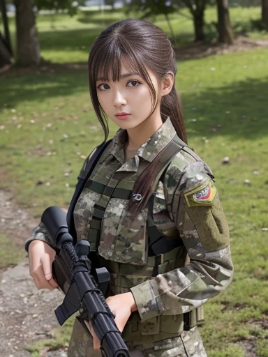 Single player combat action、Single Shooter、(whole body:0.5, View front))Action poses、Highest image quality, Excellent details, Ultra-high resolution, (realism: 1.4), ((whole body:0.5, View front)), (A sexy Korean girl)High concentration in combat operations, Has a beautiful and delicate face, Smile(whole body照))((Shooting with a machine gun)), (Wear camouflage clothing,Love police uniforms, Military wiring harness), With a machine gun, Background ruined battlefield。