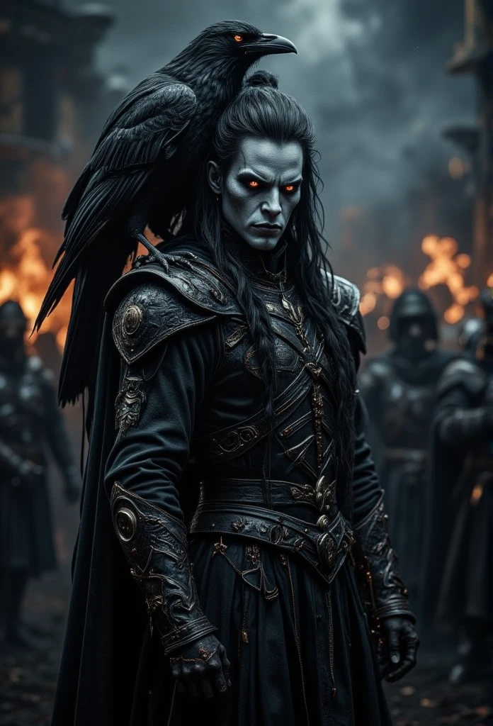 ((masterpiece)) ((photography)) ((Highest quality))  A hyper-detailed cinematic illustration of "The Crow," a gothic character with a pale white face, dark, dramatic makeup, and long flowing black hair. He stands in a dimly lit, atmospheric setting, reminiscent of a battlefield at dusk. His leather and gothic-style attire is intricately detailed, with metallic elements and subtle tribal patterns. A menacing black crow is perched on his shoulder, its feathers shining in the flickering torchlight. The background features a hazy, smoke-filled scene with faint silhouettes of soldiers and burning torches, creating a dark and mysterious ambiance. The composition is both haunting and regal, blending gothic elegance with raw power.