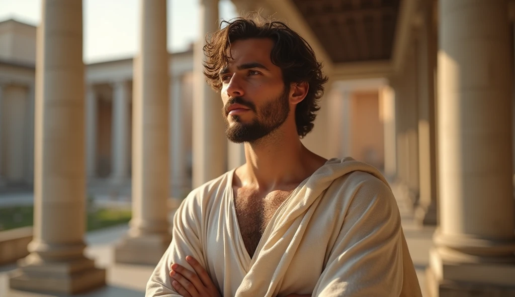 “A male stoic philosopher with a well-proportioned and attractive physique, not excessively muscular. He is wearing classic tunics, slightly transparent, that gently drape over his body, subtly revealing parts of his shoulder, with a very short and well-groomed beard, and wavy, well-stylized hair. He is inspecting a subtle but deep crack in a marble wall, symbolic of a hidden flaw. Dramatic lighting casts long, deep shadows, emphasizing the texture of the marble and the crack itself. The scene is captured in a close-up shot, with a strong vignette and a touch of grain for a dramatic, timeless effect. The surrounding environment is dimly lit, enhancing the sense of mystery and tension, as shadows play across the surface, revealing the crack as both a physical and symbolic imperfection.”