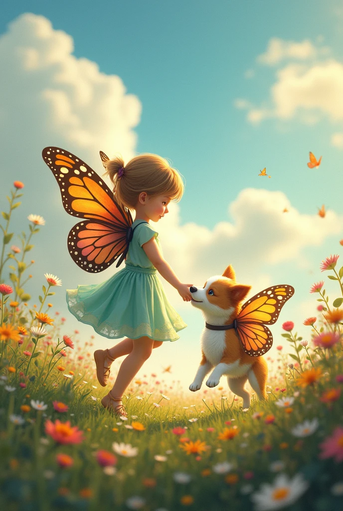 blue sky white clouds kitten playing with butterflies on the lawn in the garden high definition photo real beautiful