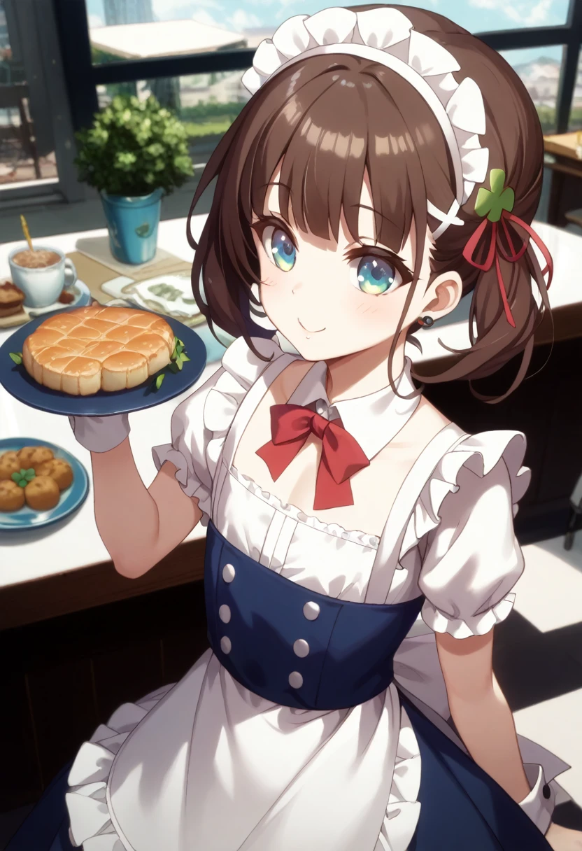 (  surreal), (8k), (  very detailed), (   best illustration  ), Cafe。   maid clothes。. flat chested。。  shorthair 。 review。  big red ribbon barrette。 four-leaf clover on clothes  。adult。Brown Hair。