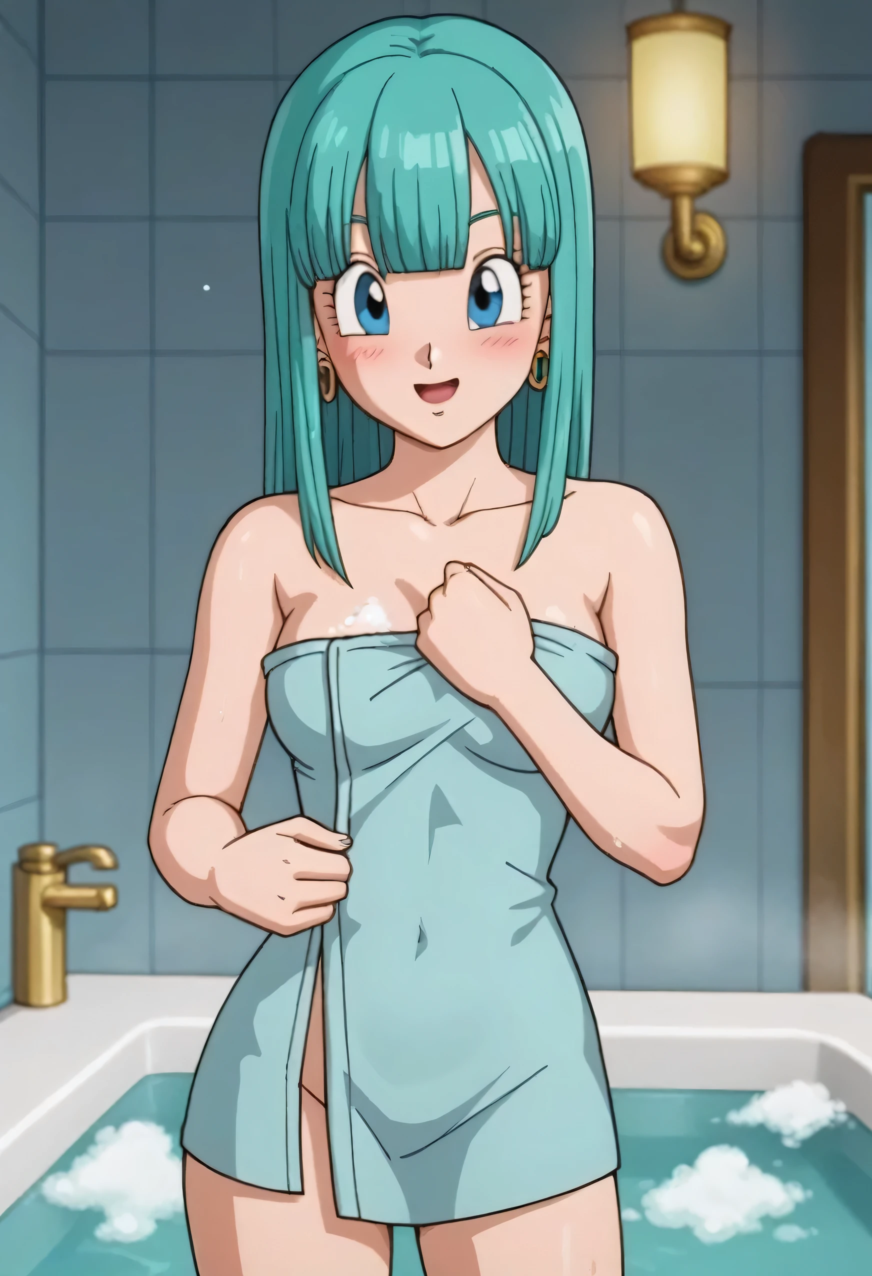 source_anime, score_9, score_8_up, score_7_up, anime screencap, bulla, long hair, straight hair, aqua hair, blue eyes, breasts, looking at viewer, blush, smile, red hairband, open mouth, bangs, bare shoulders, 1girl, solo, bare shoulders, a seductive smile, getting out of the bath tub with soap and bubbles, standing up and covering in a bath towel, looking at viewer, she has tender and slender body with medium breasts and cleavage, bare shoulders, naked towel, blue towel,